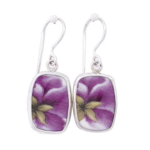 Broken China Jewelry Purple Pansy Flower Blossom Sterling Earrings
