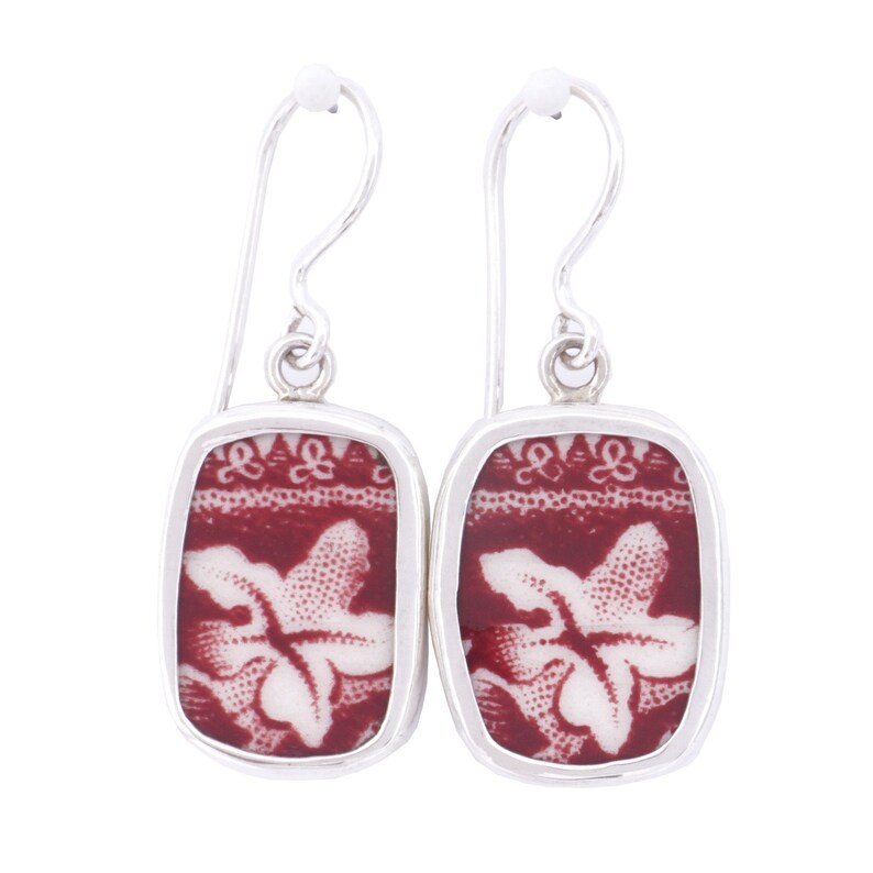 Broken China Jewelry Masons Vista Botanic Pink Red leaf Sterling Earrings C