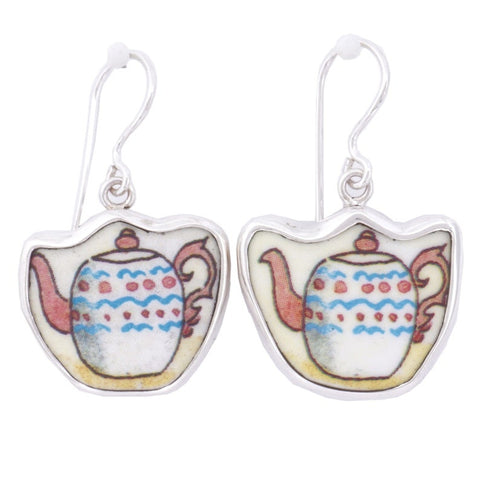 Broken China Jewelry Duchess Teapot Red Dots and Blue Waves Tea Pot Sterling Earrings