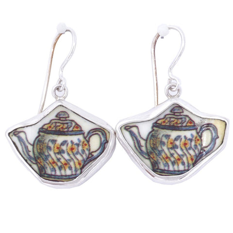 Broken China Jewelry Duchess Teapot Yellow Floral Swirl Tea Pot Sterling Earrings