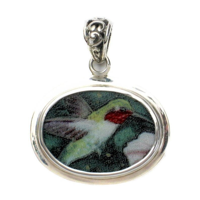 Broken China Jewelry Ruby Throated Hummingbird Bird Sterling Horizontal Oval Pendant