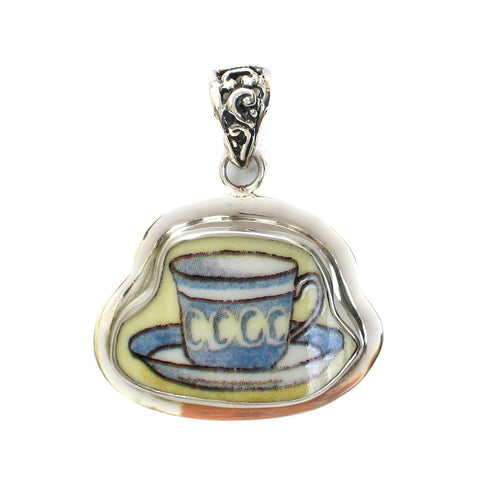 Broken China Jewelry Duchess Teacup Blue Gray with Yellow Ovals Tea Cup Sterling Pendant - Vintage Belle Broken China Jewelry