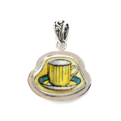 Broken China Jewelry Duchess Teacup Yellow Tea Cup with Green Rim Saucer Sterling Pendant - Vintage Belle Broken China Jewelry