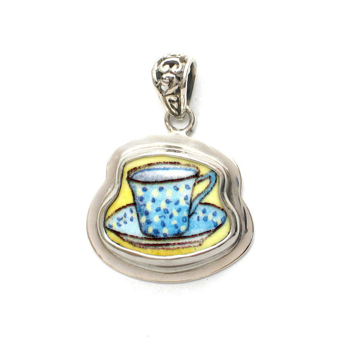 Broken China Jewelry Duchess Teacup Blue and Yellow Speckled Tea Cup Sterling Pendant - Vintage Belle Broken China Jewelry