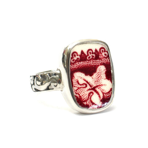 Size 12.5 Broken China Jewelry Mason's Vista Pink Red Botanical Leaf D Sterling Ring - Vintage Belle Broken China Jewelry