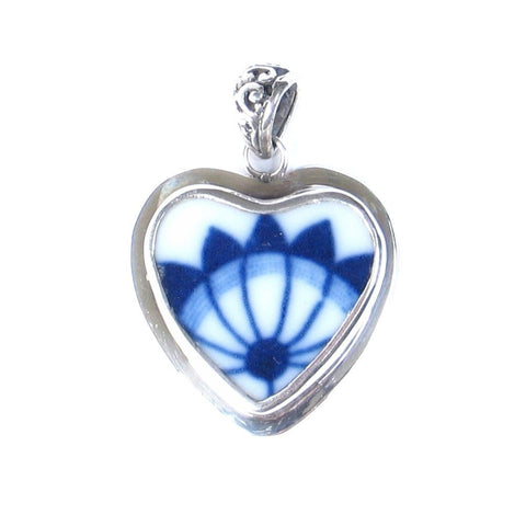 Broken China Jewelry Blue Danube Fan Sterling Heart Pendant